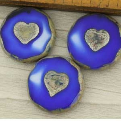 21mm Cz Table Cut Heart Round Beads- Cobalt-White Picasso
