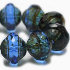 8x10mm Czech Saturn Cut Beads - Sapphire with Picasso Finish