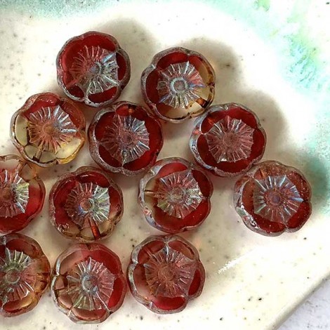 12mm Czech Table-Cut Hibiscus Beads - Pale Crimson & Yellow w-Picasso Finish - Pack of 2