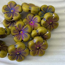 21mm Czech Table-Cut Hibiscus Beads - Mustard with Volcano Wash - Each