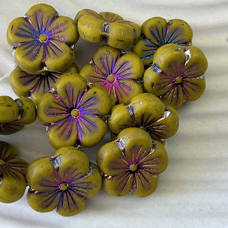 21mm Czech Table-Cut Hibiscus Beads - Mustard with Volcano Wash - Each