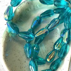 15x8mm Czech Faceted Melon Dangle Drop - Teal Blue w-Rainbow AB Finish - Pack of 2
