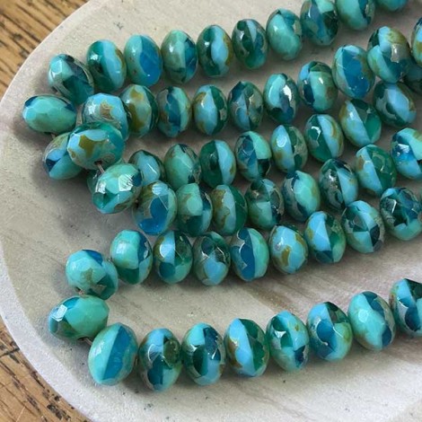 6x8mm Czech Firepolish Rondelles - Multi-Green Blend with Picasso Finish - Pack of 5