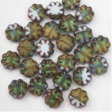 9mm Czech Table Cut Cactus Flower Beads - White, Skye Blue + Yellow w-Gold Finish - Pk of 5