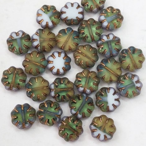 9mm Czech Table Cut Cactus Flower Beads - White, Skye Blue + Yellow w-Gold Finish