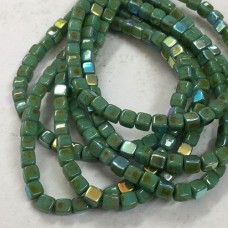 4mm Czech Pressed Glass Cube Beads - Sea Green with Picasso & AB Finish - Pack of 20