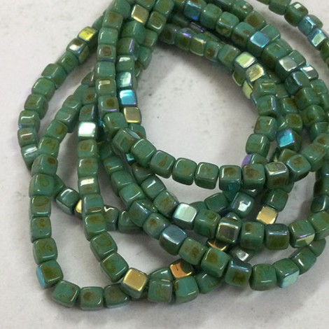 4mm Czech Pressed Glass Cube Beads - Sea Green with Picasso & AB Finish - Pack of 20 4mm Czech Pressed Glass Cube Beads - Sea Green with Picasso & AB Finish - Pack of 20