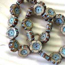12mm Czech Table-Cut Hibiscus Beads - Beige with Picasso Finish + Turquoise Wash - Pack of 2
