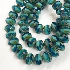 6x8mm Czech Firepolish Rondelles - Pacific Blue & Tiffany w-Picasso Finish - Pack of 5