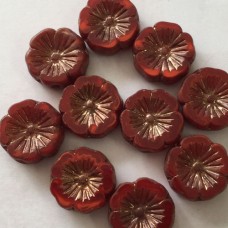 14mm Czech Table-Cut Hibiscus Flowers - Ruby Red + LadyBug Red w-Bronze Finish