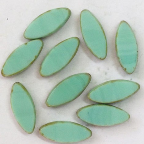 18x7mm Czech Tablecut Spindle Beads - Opaque Sea Green with Picasso Finish