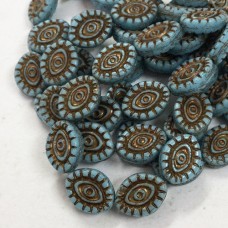 14x11mm Mystic Eye Czech Pressed Glass Beads - Sky Blue with Bronze Wash - Pack of 2