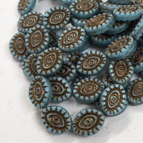 14x11mm Mystic Eye Czech Pressed Glass Beads - Sky Blue with Bronze Wash - Pack of 2