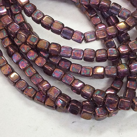 4mm Czech Pressed Glass Cube Beads - Purple with Metallic Rust + Purple AB Finish - Pack of 20 4mm Czech Pressed Glass Cube Beads - Purple with Metallic Rust + Purple AB Finish - Pack of 20