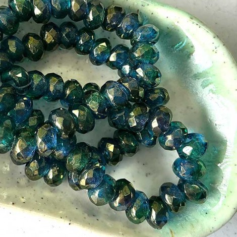 6x9mm Czech Faceted Roller Beads - Sapphire & Emerald w-Gold Luster Finish - Pack of 5 6x9mm Czech Faceted Roller Beads - Sapphire & Emerald w-Gold Luster Finish - Pack of 5