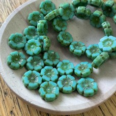 12mm Czech Table-Cut Hibiscus Flower Beads - Sea Green with Picasso Finish - Pack of 2