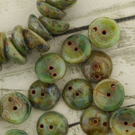 8mm Czech 2-Hole Piggy Beads - Green Picasso- Pack of 50