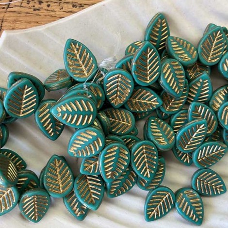 12x16mm Czech Dogwood Leaves - Tiffany Green with Gold Wash - Pack of 2 12x16mm Czech Dogwood Leaves - Tiffany Green with Gold Wash - Pack of 2