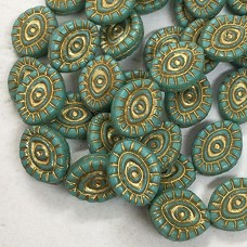 14x11mm Mystic Eye Czech Pressed Glass Beads - Sea Green with a Gold Wash - Pack of 2