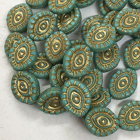 14x11mm Mystic Eye Czech Pressed Glass Beads - Sea Green with a Gold Wash - Pack of 2 14x11mm Mystic Eye Czech Pressed Glass Beads - Sea Green with a Gold Wash - Pack of 2
