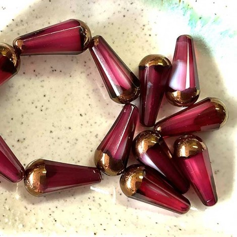 20x9mm Czech Faceted Dangle Drop - Rosewood with Bronze Finish - Pack of 2