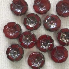 12mm Czech Table-Cut Hibiscus Flowers - Ruby Red with Picasso Finish