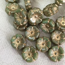 12mm Czech Table-Cut Hibiscus Flowers - Tea Green w-Metallic Picasso Finish + Gold Wash
