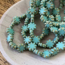 9mm Czech Table Cut Cactus Flower Beads - Sea Green w-Etched + Gold Finishes - Pack of 5 
