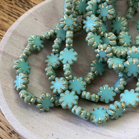 9mm Czech Table Cut Cactus Flower Beads - Sea Green w-Etched + Gold Finishes - Pack of 5 