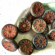 22mm Czech Sun Table Cut Focal Coin Beads - Ruby Red with Picasso Finish & Copper Wash - Each