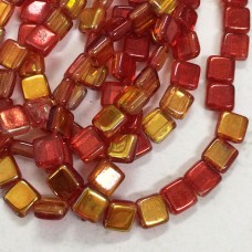 6mm Czech Czechmates 2-Hole Tile Beads - Crimson w-Pale Yellow + AB Finish - Pack of 20