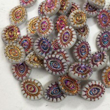 14x11mm Mystic Eye Czech Pressed Glass Beads - Matte Semi-Opaque White w-Volcanic Metallic Wash - Pack of 2