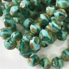 8mm Czech Baroque Central Cuts - Tea Green + Sky Blue with Picasso Finish - Pack of 5