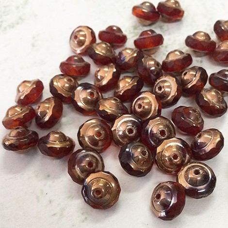 6x8mm Czech Saturn Cut Beads - Ruby Red + Orange with Copper Finish - Pack of 2