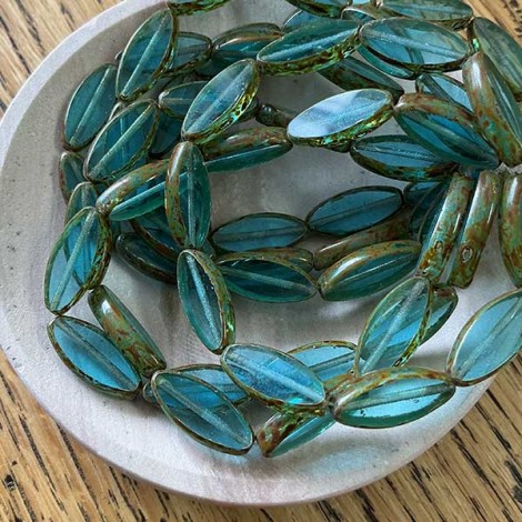 18x7mm Czech Spindle Beads - Sky Blue with Picasso Finish - Pack of 2