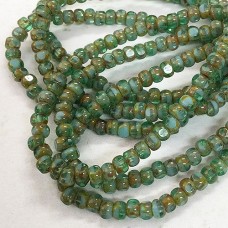 4x3mm Czech Trica Beads - Green & Medium Sky Blue - Strand of 50