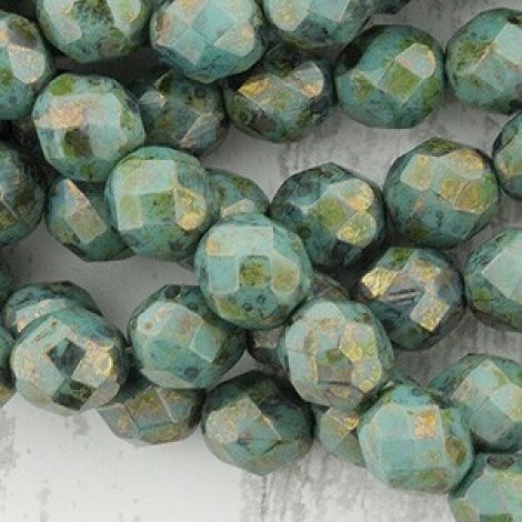 8mm Czech Firepolish Beads - Turquoise Bronze Picasso  - Pack of 20
