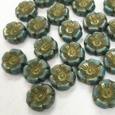 12mm Czech Table-Cut Hibiscus Beads - Sea Green with Gold Finish & Wash - Pack of 2