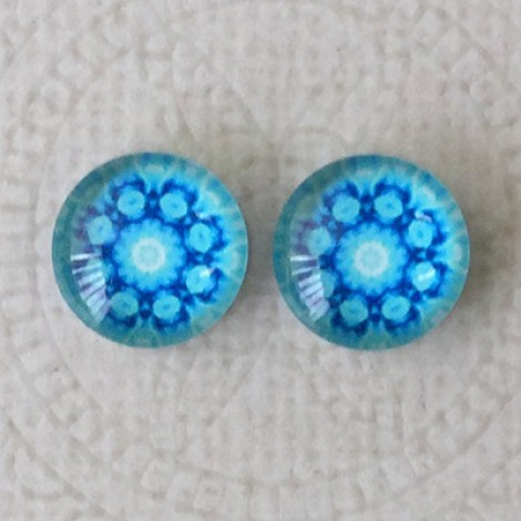 12mm Art Glass Backed Cabochons  - Blue Mandala Design 7