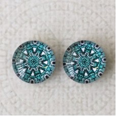 12mm Art Glass Backed Cabochons  - Blue Mandala Design 9 - Per Pair