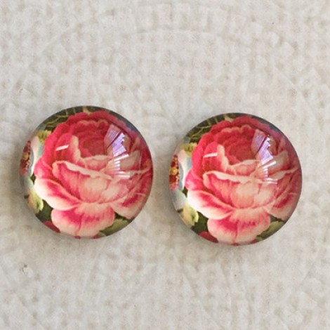 12mm Art Glass Backed Cabochons - Vintage Rose Design 1 - Per Pair 12mm Art Glass Backed Cabochons - Vintage Rose Design 1 - Per Pair