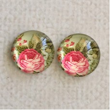 12mm Art Glass Backed Cabochons - Vintage Rose Design 10 - Per Pair