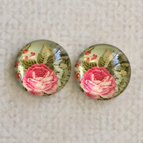 12mm Art Glass Backed Cabochons - Vintage Rose Design 10 - Per Pair