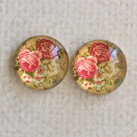 12mm Art Glass Backed Cabochons - Vintage Rose Design 11 - Per Pair