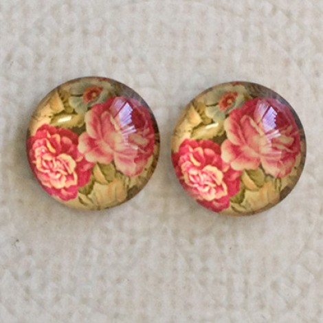 12mm Art Glass Backed Cabochons - Vintage Rose Design 12 - Per Pair