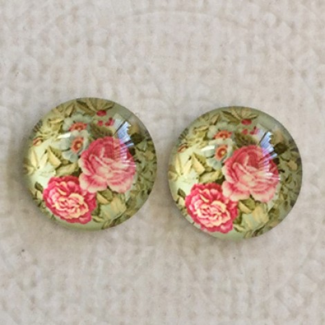 12mm Art Glass Backed Cabochons - Vintage Rose Design 9 - Per Pair
