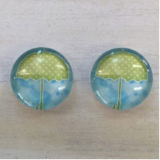 12mm Art Glass Backed Cabochons - Green Umbrella - Per Pair