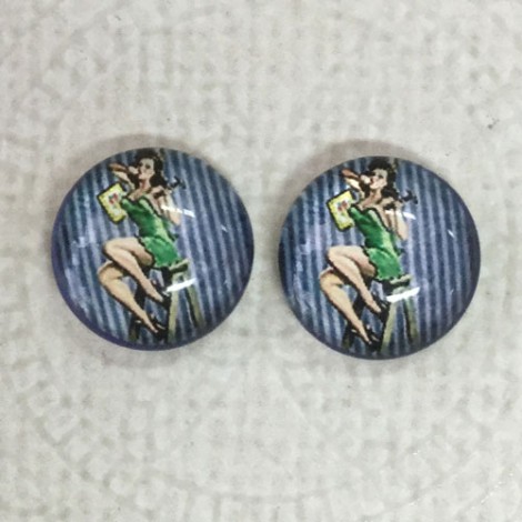 12mm Art Glass Backed Cabochons  - Pin-up Girl Design 2