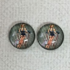 12mm Art Glass Backed Cabochons  - Pin-up Girl Design 10 - Per Pair