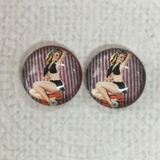 12mm Art Glass Backed Cabochons  - Pin-up Girl Design 9 - Per Pair